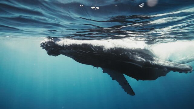 Lone humpback whale cruises just below the sunlit surface, drifting calmly through turquoise water