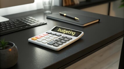 Calculator with budgeting word on screen at desk workspace