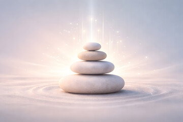 A serene stack of balanced zen stones glowing with soft light and sparkling particles.
