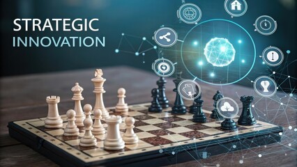 Chessboard with floating AI elements representing strategic innovation