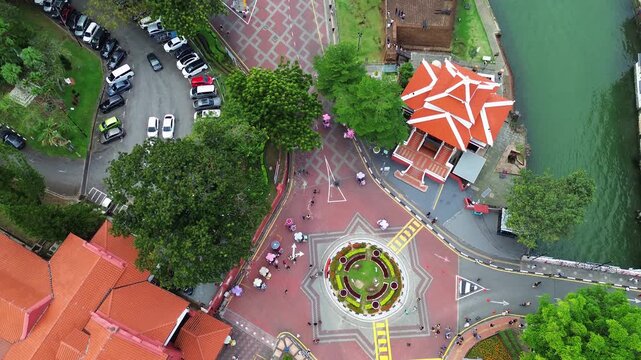 Dutch Square Melaka Malacca colonial style in Malaysia aerial drone maroon-colored structures