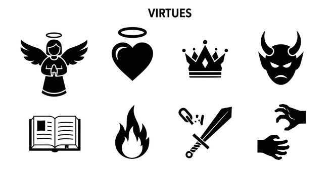 Black and white virtue symbolic icons.