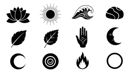 Black icons of nature and elements.