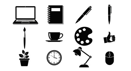 Black icons of office supplies and gadgets 1.