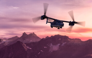 Spectacular Sunset Flight Over Mountain Range With A Twin-Rotor Aircraft In Motion