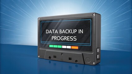 Data backup in progress displayed on retro tape console