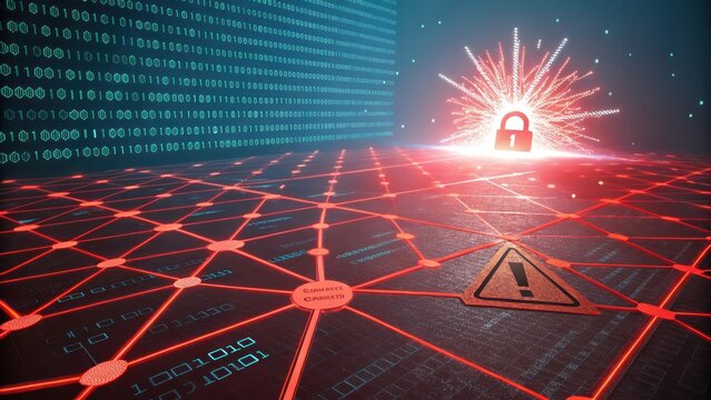 Cyberattack detected alert with network and digital binary data - Powered by Adobe