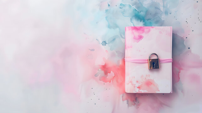 minimal watercolor cute diary book with lock key