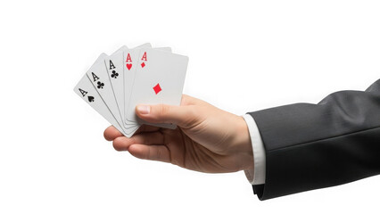 Hand holding playing cards, isolated on transparent background