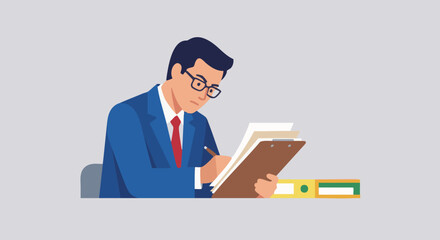 Flat vector illustration of a banker reviewing documents, clipboard or paper stack, focused posture, solid colour blocks, flat vector style, isolated background