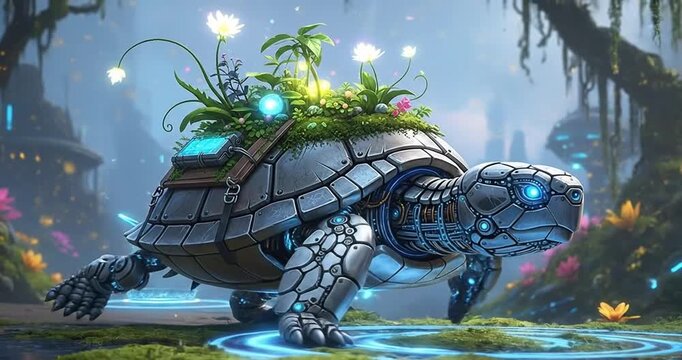 A futuristic robotic turtle adorned with plants and flowers, navigating a vibrant, lush landscape