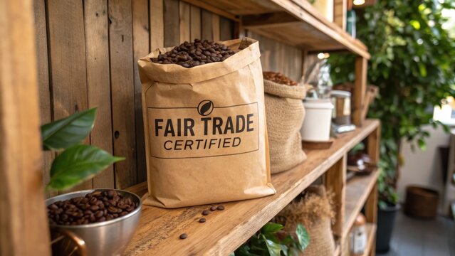 Fair Trade certified coffee beans in a brown paper bag