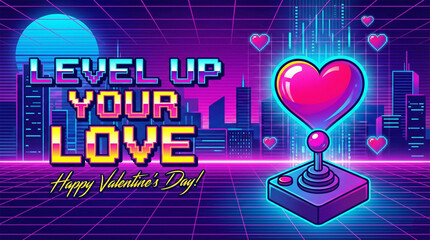 Level Up Your Love: Happy Valentine's Day with Retro Gaming Joystick and Heart, Cyberpunk Cityscape