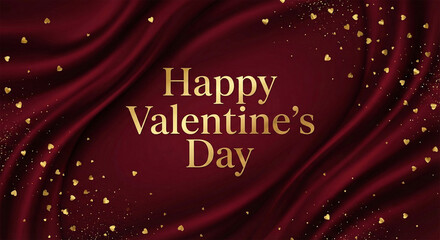 Happy Valentine's Day Greeting on Red Velvet with Golden Hearts