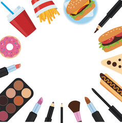 Fast, food, makeup, cosmetics, beauty, burger, pizza, donut, lipstick, fries, soda, eyeliner, palette, brush, snack, lifestyle, colorful, illustration, design, concept