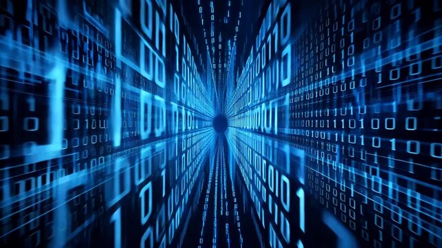 Fast flythrough of a digital tunnel made of blue binary code and data streams for tech backgrounds