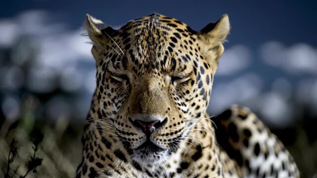 Close Up Leopard with Spotted Fur Resting in Grassy Field Under Dim Lighting Against Blurred Blue Sky And White Cloudy Background