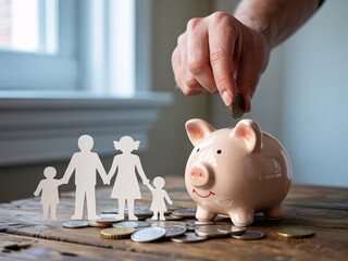 Hand inserting coin into piggy bank with family cutout and scattered coins saving money