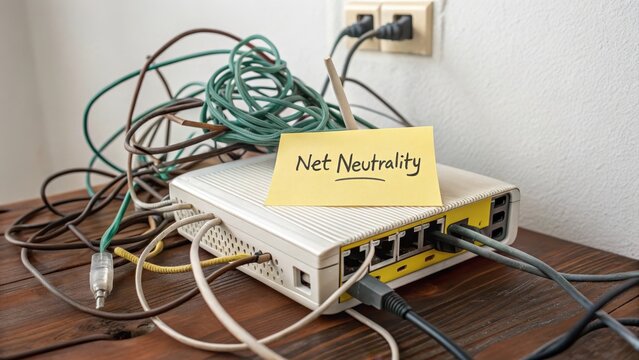 Internet Router with Tangled Cables and Net Neutrality Label