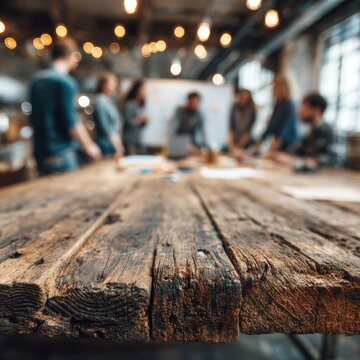 Rustic barnwood table with startup team bokeh for creative workspace background teamwork and product concept space

