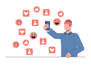 Young man using smartphones getting likes in social media. Generation Z vector illustration. Flat illustration concept