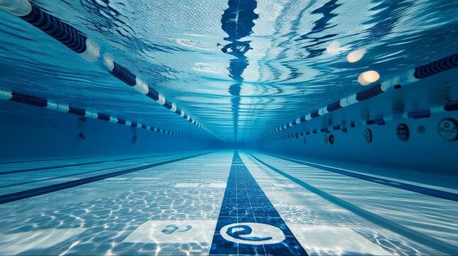 An immersive underwater view of a clear blue swimming pool with lane markers and light reflections from the surface.