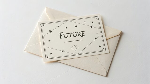 Minimal flatlay of future horoscope card on cream envelope