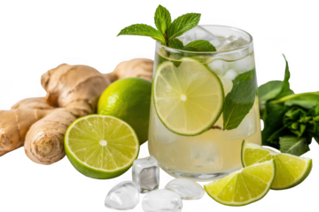 Ginger lime drink with mint isolated on transparent background