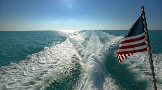 An American flag waves proudly on the stern of a boat as it cuts through the ocean, leaving a foamy white wake under a clear blue sky.