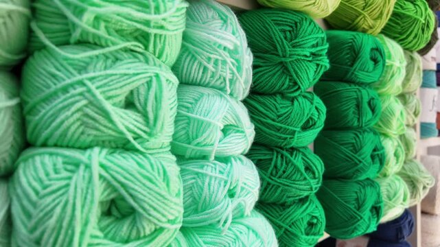 Different green yarns displayed on a shelf for crafting