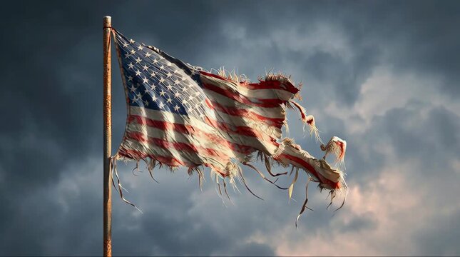 A tattered and torn American flag waves defiantly against a dramatic, stormy sky.