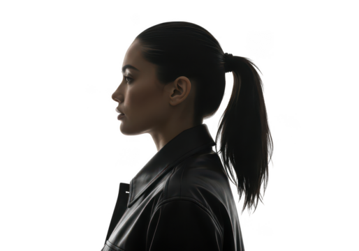 Silhouette of a woman with ponytail isolated on transparent background - Powered by Adobe
