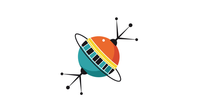 Retro mid-century modern style illustration of a colorful planet or sputnik satellite with rings and antennae on a white background.