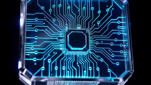 Macro shot of a futuristic glass AI chip processor floating and pulsing with RGB light energy