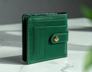 Emerald leather wallet with card slots and snap closure on marble surface