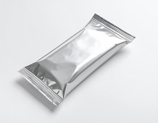 A shiny silver bar package angled on a white surface