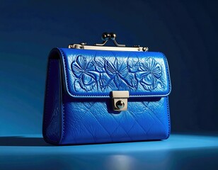 Royal blue handbag with floral embossing, clasp, on gradient blue backdrop