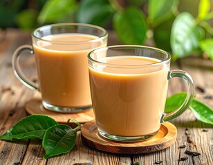 Two glass mugs of tea rest on coasters, with leaves and wooden planks