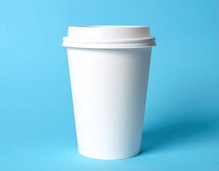 White paper coffee cup with a lid on a vibrant, light-blue background
