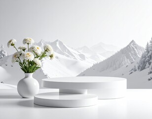 Daisies in vase beside podiums, snow-covered mountains in background