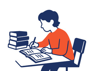 Boy student studying and writing in notebook with stack of books vector illustration.