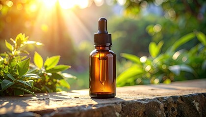 Amber glass dropper bottle with serum, backlit by golden sunlight