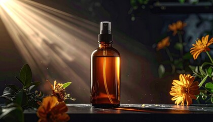 Amber spray bottle bathed in sunlight amidst flowers, creating a warm scene