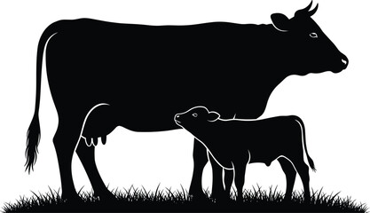 Cow with calf silhouette on grass field, mother and baby cattle farming concept, livestock animal care, CAD drawing flat vector illustration © meri999