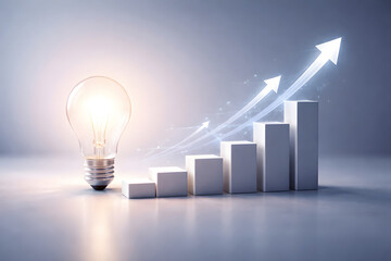 A glowing light bulb next to an ascending bar chart with an upward arrow, symbolizing business growth and innovative ideas.