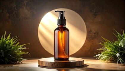 Amber glass spray bottle on wooden platform, plants and light background