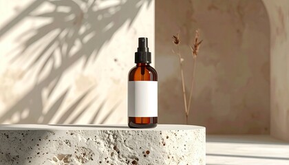 Amber spray bottle with blank label, botanical accents, and shadows