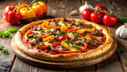 Close-up of a pizza with toppings, surrounded by fresh ingredients