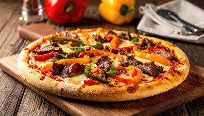 Delicious pizza with colorful peppers and beef on a wooden board