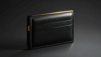 Black leather cardholder, gold trim and accents, lit against a dark background